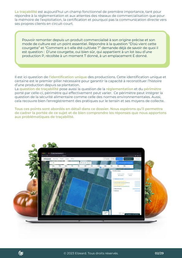 Deuxième page du dossier "Traçabilité" rédigé par Elzeard, l'outil de gestion de production des producteurs de fruits et légumes.
